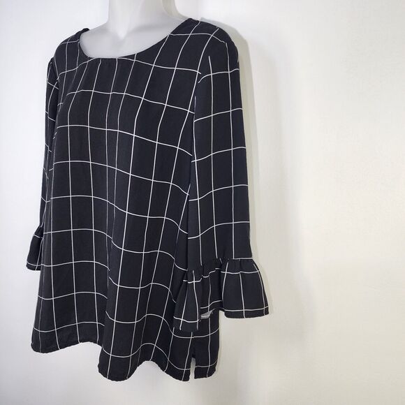 Adrianna Papell Womens Top Medium Black White Plaid Bell Sleeve Keyhole Relaxed - Picture 5 of 11